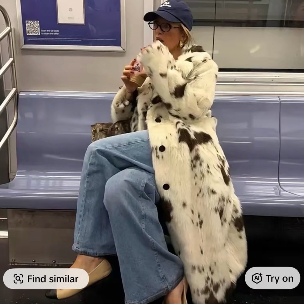 Long Faux Fur Spot Print Coat - Black & Cream
